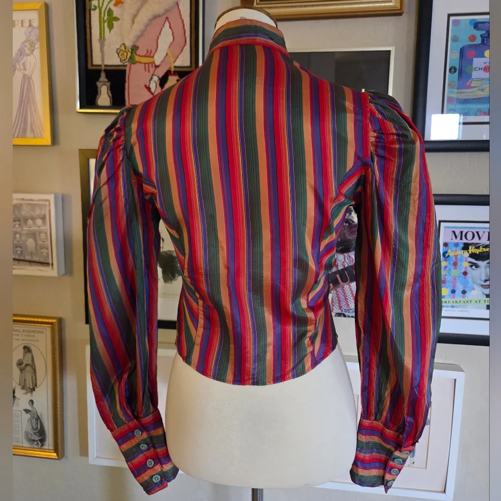 1980s Sasha Striped Print Puffed‎ Long Sleeve Acetate Blouse Shirt Top